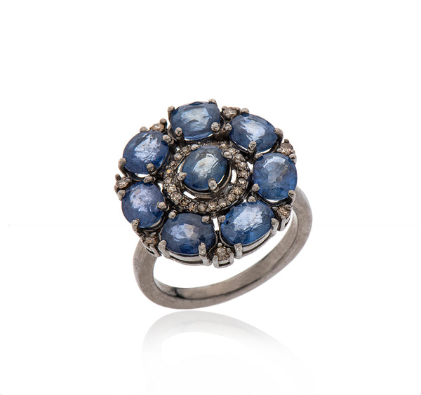 Nava Zahavi Silver Sapphire Diamonds Blossom Floral Ring
