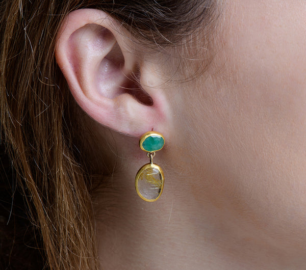Nava Zahavi Yellow Gold Emerald Rutil Ethereal Earrings