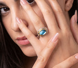 Nava Zahavi Yellow Gold Blue Topaz and Diamonds on Sterling Silver Ring