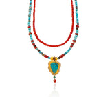 Nava Zahavi Yellow Gold Double Strand Turquoise and Coral Necklace