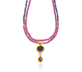 Nava Zahavi Yellow Gold Double Strand Tanzanite and Sapphire Necklace with Double Drop Pendant