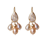 Chandelier Earrings of Rutilated Quartz and Freshwater Pearls wrapped in 24K Gold Hang 40 mm Width 20 mm