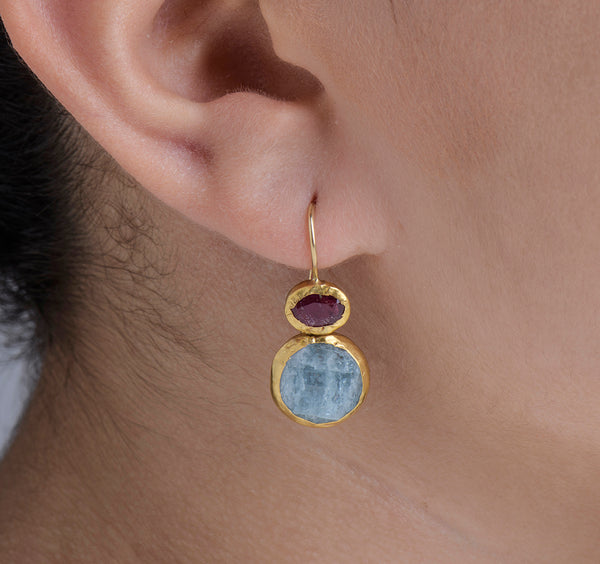 Nava Zahavi Yellow Gold Ruby and Aquamarine Earrings