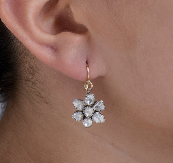 Nava Zahavi Yellow Gold and Silver Diamond Flower Earrings