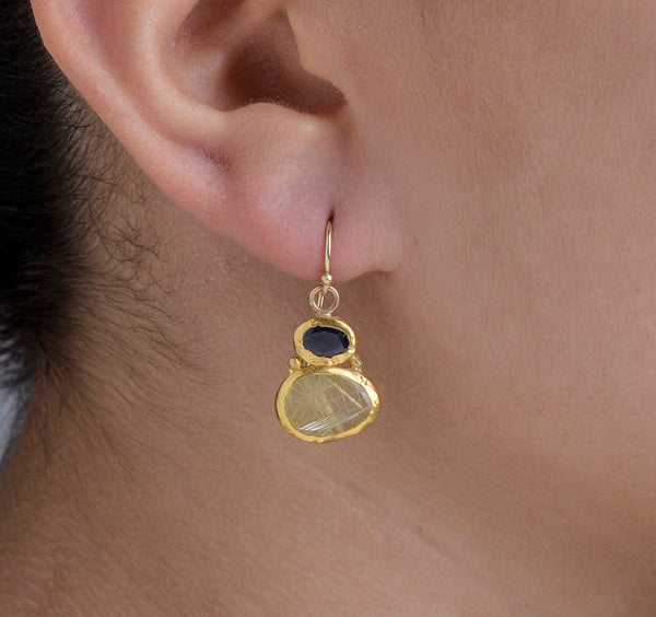 Nava Zahavi Yellow Gold Blue Sapphire Rutilated Quartz Earrings