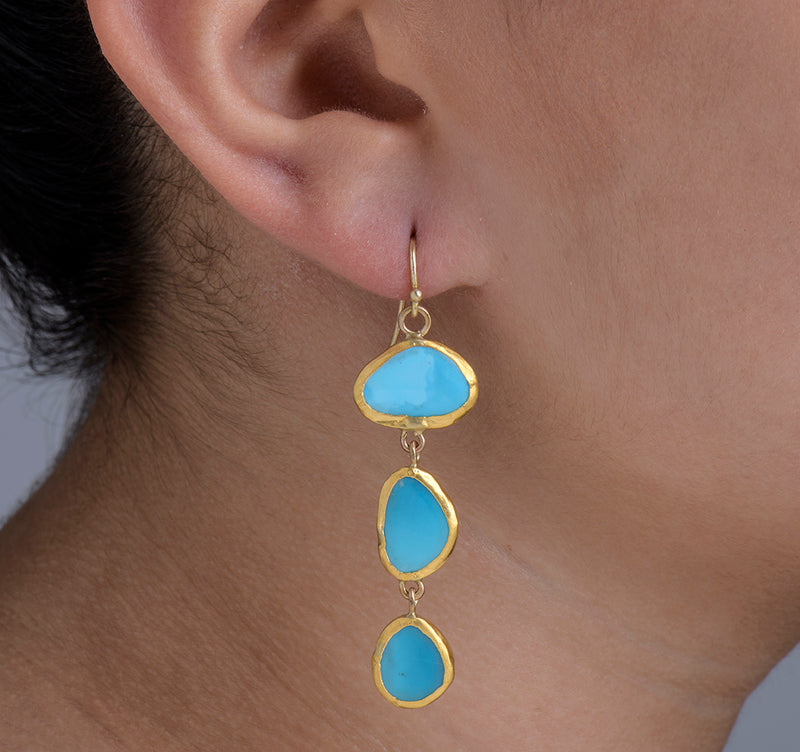 Nava Zahavi Yellow Gold Triple Turquoise Drop Earrings