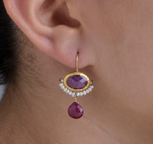 Nava Zahavi Yellow Gold Ruby and Pearl Earrings