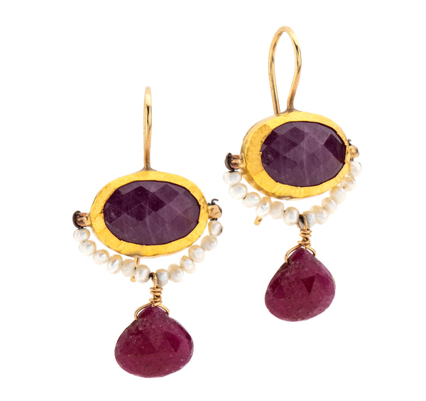Nava Zahavi Yellow Gold Ruby and Pearl Earrings