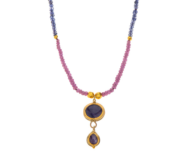 Nava Zahavi Yellow Gold Pink Sapphire and Tanzanite Necklace