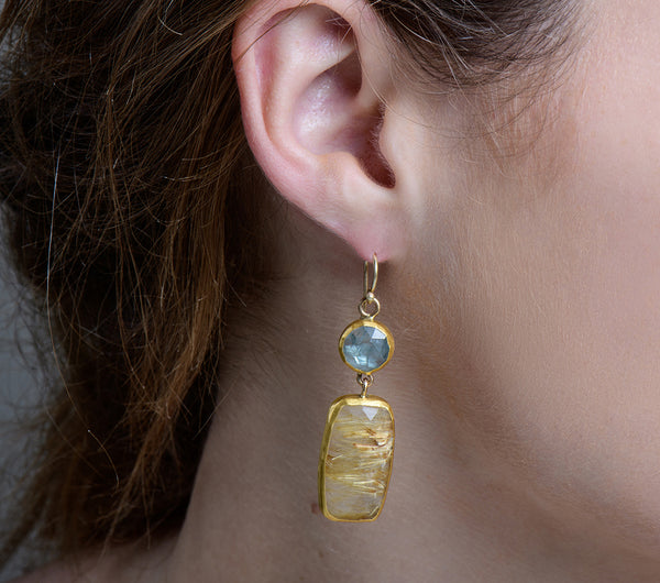 Nava Zahavi Yellow Gold Aqua Rutilated Cascade Earrings