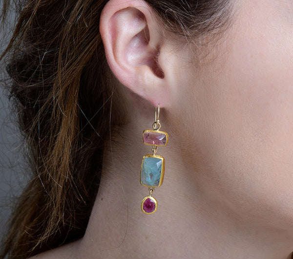 Nava Zahavi Yellow Gold Tourmaline Aqua Triple Power Earrings