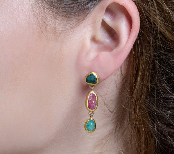 Nava Zahavi Yellow Gold Emerald Tourmaline Trilogy Luxe Earrings