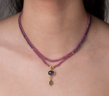 Nava Zahavi Yellow Gold Double Strand Tanzanite and Sapphire Necklace with Double Drop Pendant