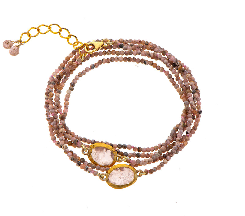 Nava Zahavi Yellow Gold Rhodochrosite and Rose Quartz Bracelet
