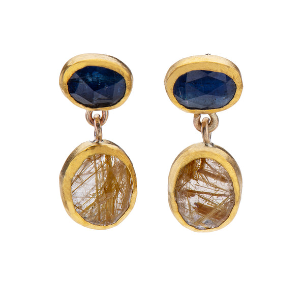 Nava Zahavi Yellow Gold Kyanite and Rutilated Quartz Stud Earrings