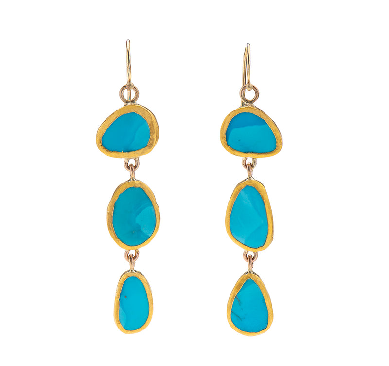 Nava Zahavi Yellow Gold Triple Turquoise Drop Earrings