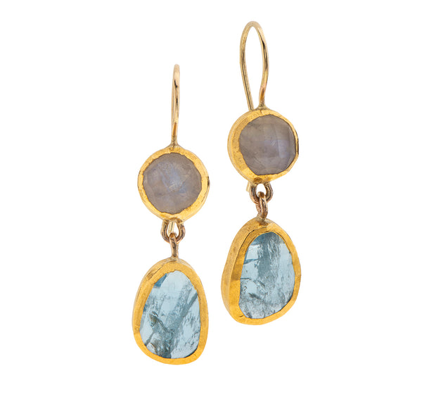 Nava Zahavi Yellow Gold Double Drop Moonstone and Blue Topaz Earrings