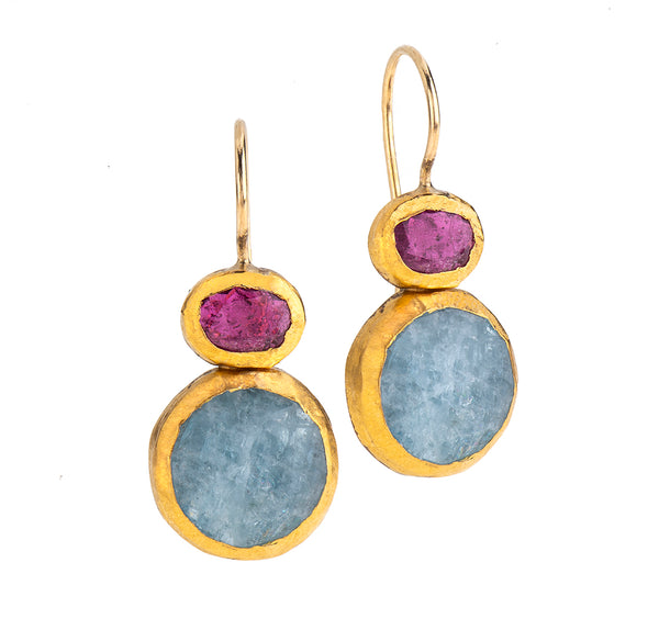 Nava Zahavi Yellow Gold Ruby and Aquamarine Earrings