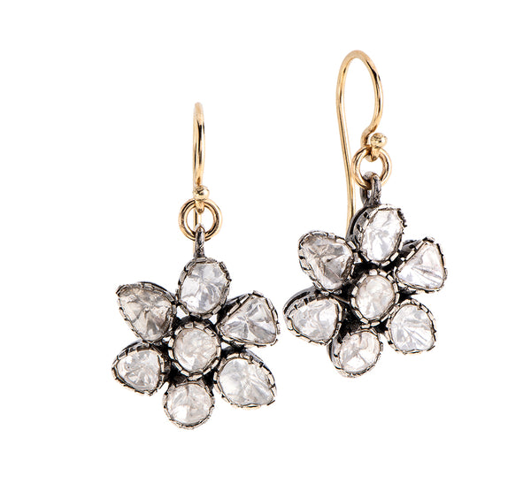 Nava Zahavi Yellow Gold and Silver Diamond Flower Earrings