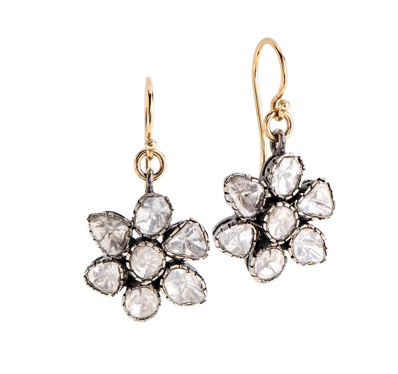 Nava Zahavi Yellow Gold and Silver Diamond Flower Earrings