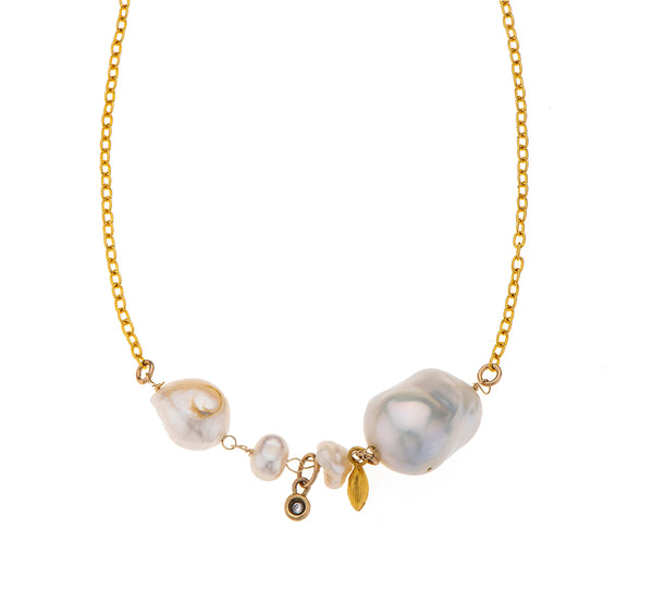 Nava Zahavi Yellow Gold Baroque Pearls Diamond element of Gold filled Chain