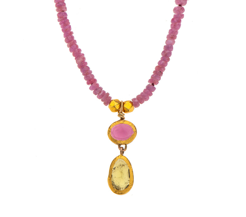 Nava Zahavi Yellow Gold Pink Sapphire and Tourmalines Necklace