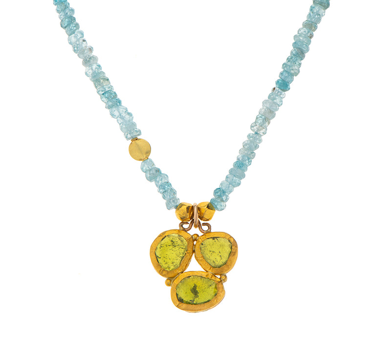 Nava Zahavi Aquamarine and Tourmaline Cluster Yellow Gold Necklace