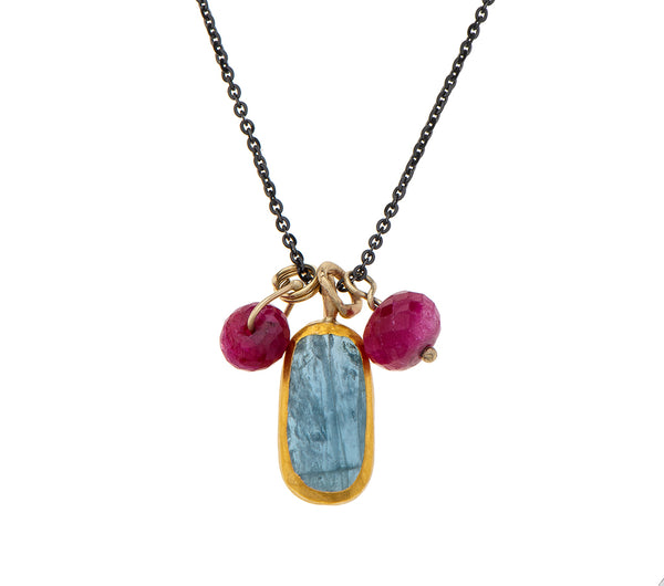 Nava Zahavi Yellow Gold Aquamarine and Ruby Necklace