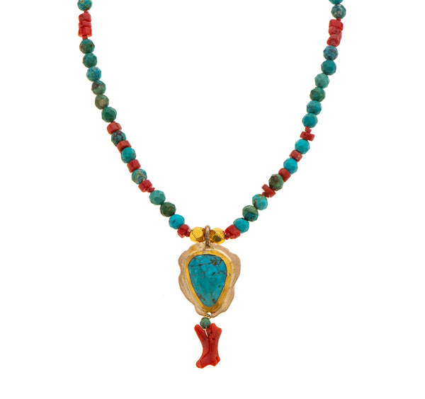 Nava Zahavi Yellow Gold Turquoise and Coral Necklace
