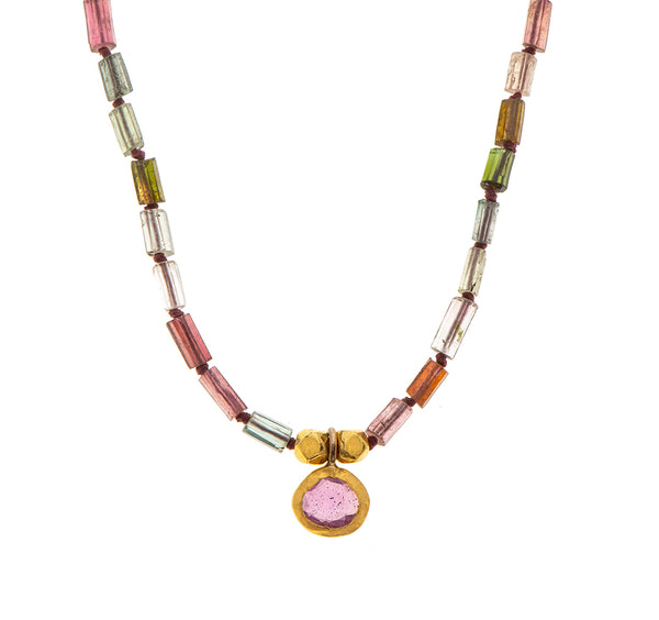 Nava Zahavi Yellow Gold Colorful Tourmaline Necklace with Pink Tourmaline