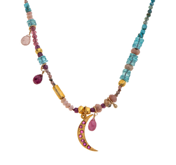 Nava Zahavi Yellow Gold Mixed Gems Necklace with Moon Pendant