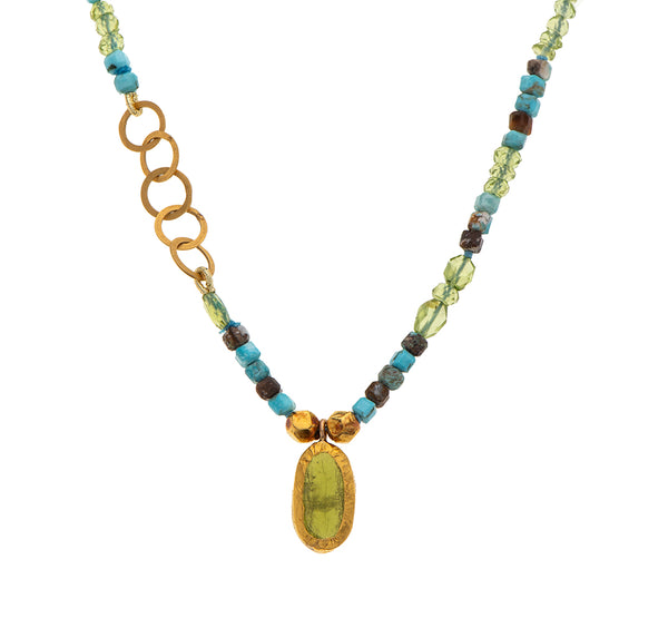 Nava Zahavi Yellow Gold Peridot and Turquoise Necklace with Green Tourmaline Pendant