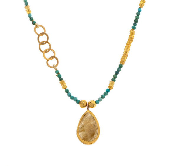 Nava Zahavi Yellow Gold Turquoise, Citrine Necklace with Rutilated Quartz Pendant