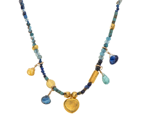 Nava Zahavi Yellow Gold Lapis andTurquoise Necklace with 18K Gold Heart