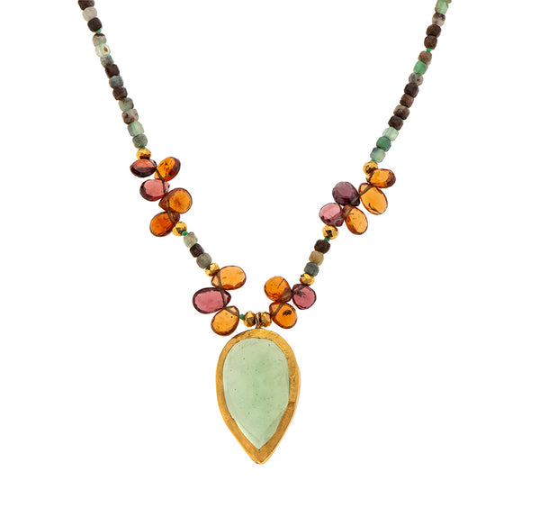 Nava Zahavi Yellow Gold Natural Turquoise Necklace with Orange Tourmaline Drops and Chrysoprase Pendant