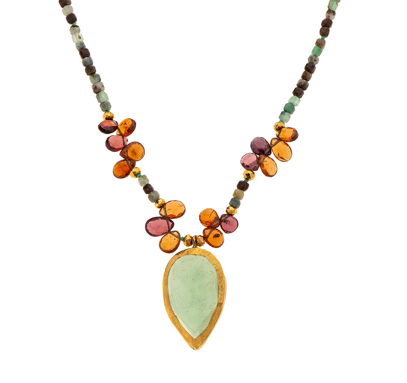 Nava Zahavi Yellow Gold Natural Turquoise Necklace with Orange Tourmaline Drops and Chrysoprase Pendant