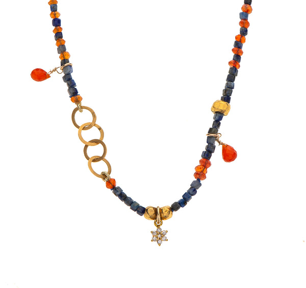 Nava Zahavi Yellow Gold Lapis and Carnelian Necklace with 18K Gold Star Pendant