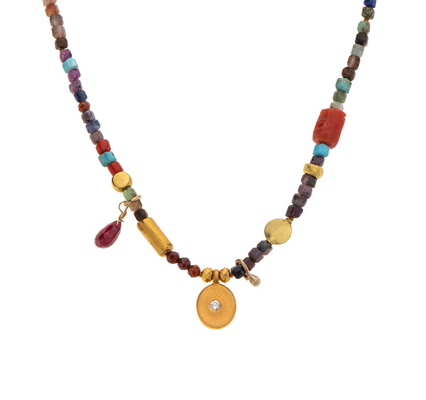 Nava Zahavi Yellow Gold Mixed Gems Necklace with 18K Gold Pendant