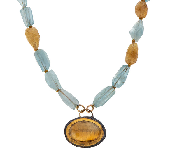 Nava Zahavi Yellow Gold Aquamarine Nugget Necklace with Citrine Pendant