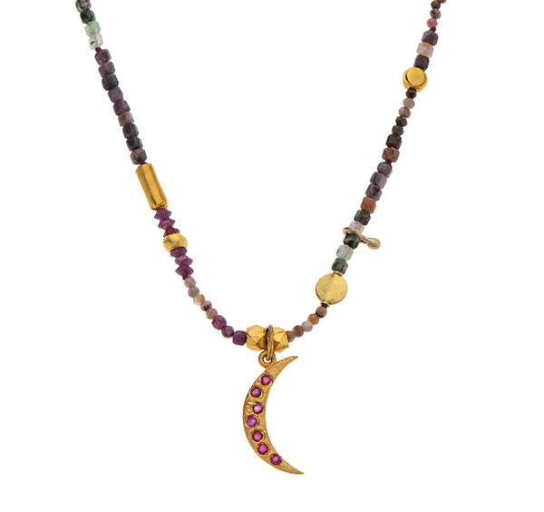 Nava Zahavi Yellow Gold Mixed Gems Necklace with Ruby Moon Pendant