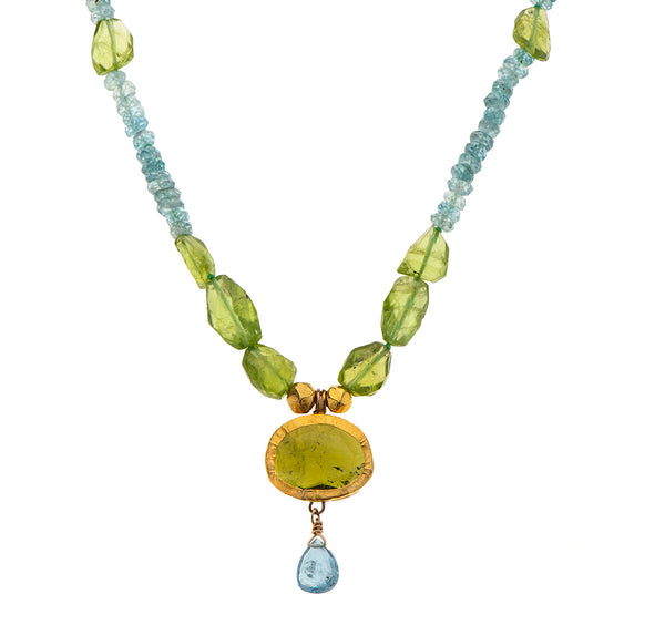 Nava Zahavi Yellow Gold Peridot and Aquamarine Necklace with Green Tourmaline Pendant