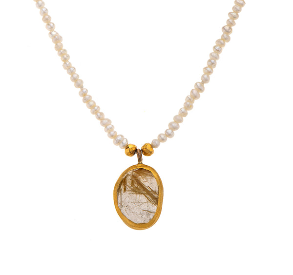 Nava Zahavi Yellow Gold Pearl and Rutilated Quartz Necklace