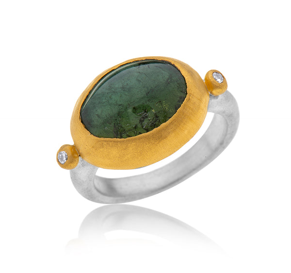 Nava Zahavi Yellow Gold Green Tourmaline and Diamonds Ring
