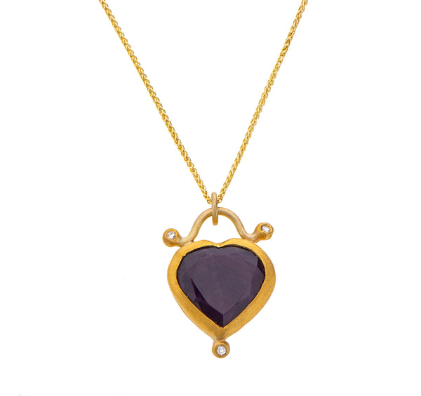 Nava Zahavi Yellow Gold Heart shaped Ruby and Diamonds Pendant Necklace