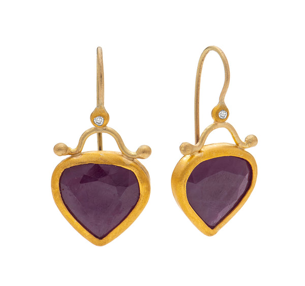 Nava Zahavi Yellow Gold Heart shaped Ruby and Diamonds Earrings