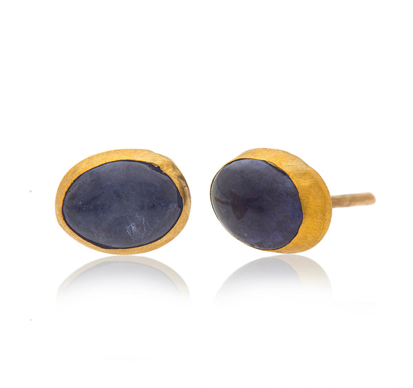 Nava Zahavi Yellow Gold Oval Tanzanite Blue Stud Earrings