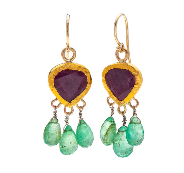 Nava Zahavi Yellow Gold Ruby Emerald Adventure Earrings