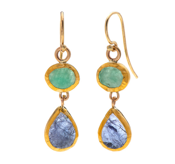 Nava Zahavi Yellow Gold Emerald and Tanzanite Earrings