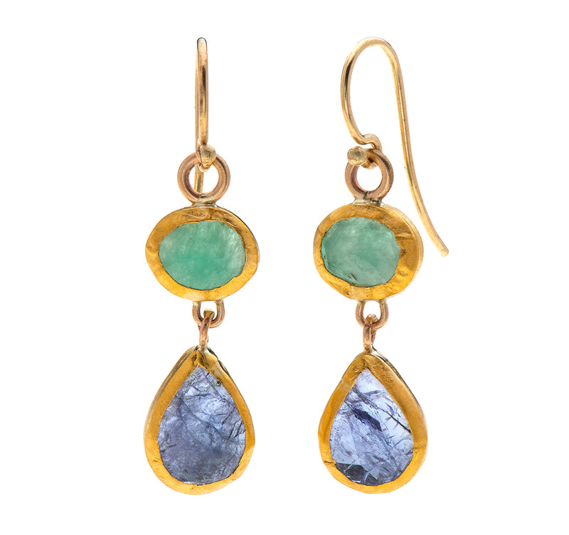 Nava Zahavi Yellow Gold Emerald and Tanzanite Earrings
