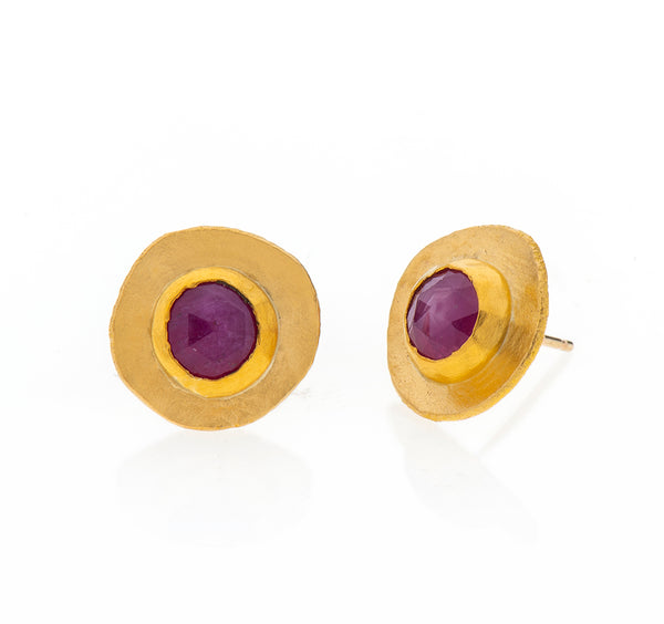 Nava Zahavi Yellow Gold Round Ruby Stud Earrings